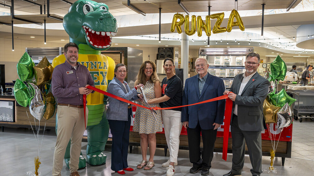 Officials from the university and Runza cut the ribbon at the new location inside Selleck Hall. Officials from the university and Runza cut the ribbon at the new location inside Selleck Hall.
