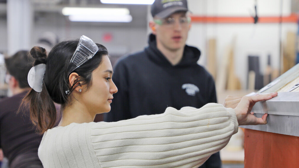 Paulina Garcia-Medrano, Master of Architecture student and member of the FACT studio, works on prefabricated components for the OurStory project at Nebraska Innovation Studio in Lincoln. Paulina Garcia-Medrano, Master of Architecture student and member of the FACT studio, works on prefabricated components for the OurStory project at Nebraska Innovation Studio in Lincoln.