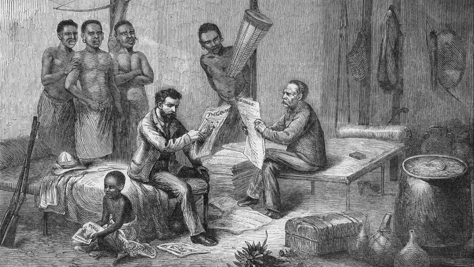 Illustration - David Livingstone and Henry Stanley are depicted reading newspapers during an expedition in central Africa; links to news story