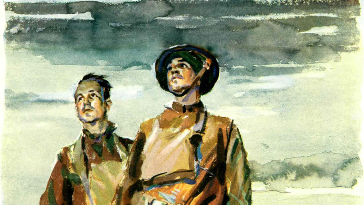 Painting of two soldiers by Baldridge, for a World War I poster; links to news story