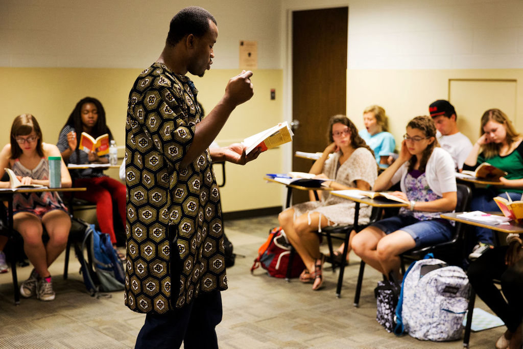 First-year creative writing teacher Chigozie Obioma leads his African literature class at the University of Nebraska-Lincoln; links to news story