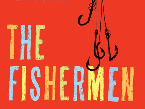Fish hooks from the bottom half of cover image for The Fishermen; links to news story