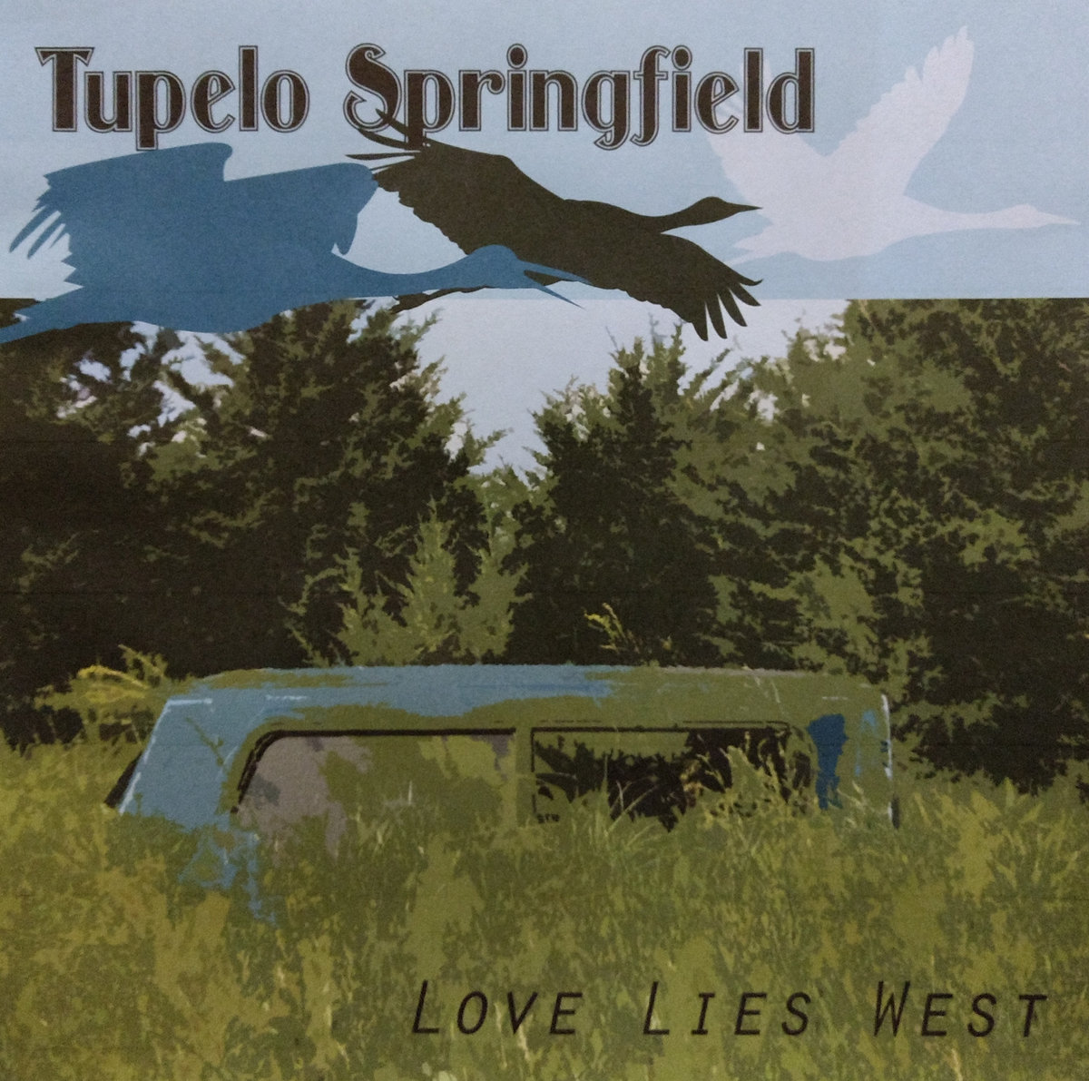 Album art for Tupelo Springfield's new EP featuring silhouettes of geese and an old car