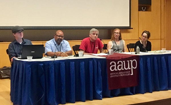 Julia Schleck participating in the AAUP plenary panel on targeted faculty harassment