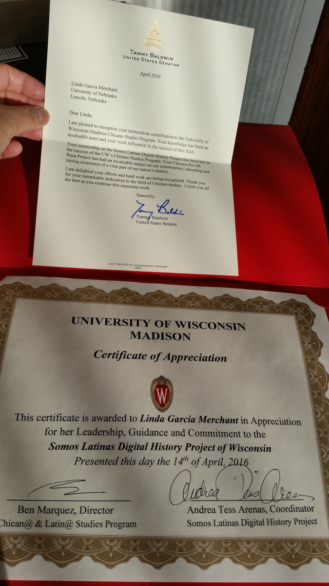 Linda Garcia Merchant's commendation for her contribution to the U of Wisconsin Chicano Studies Program
