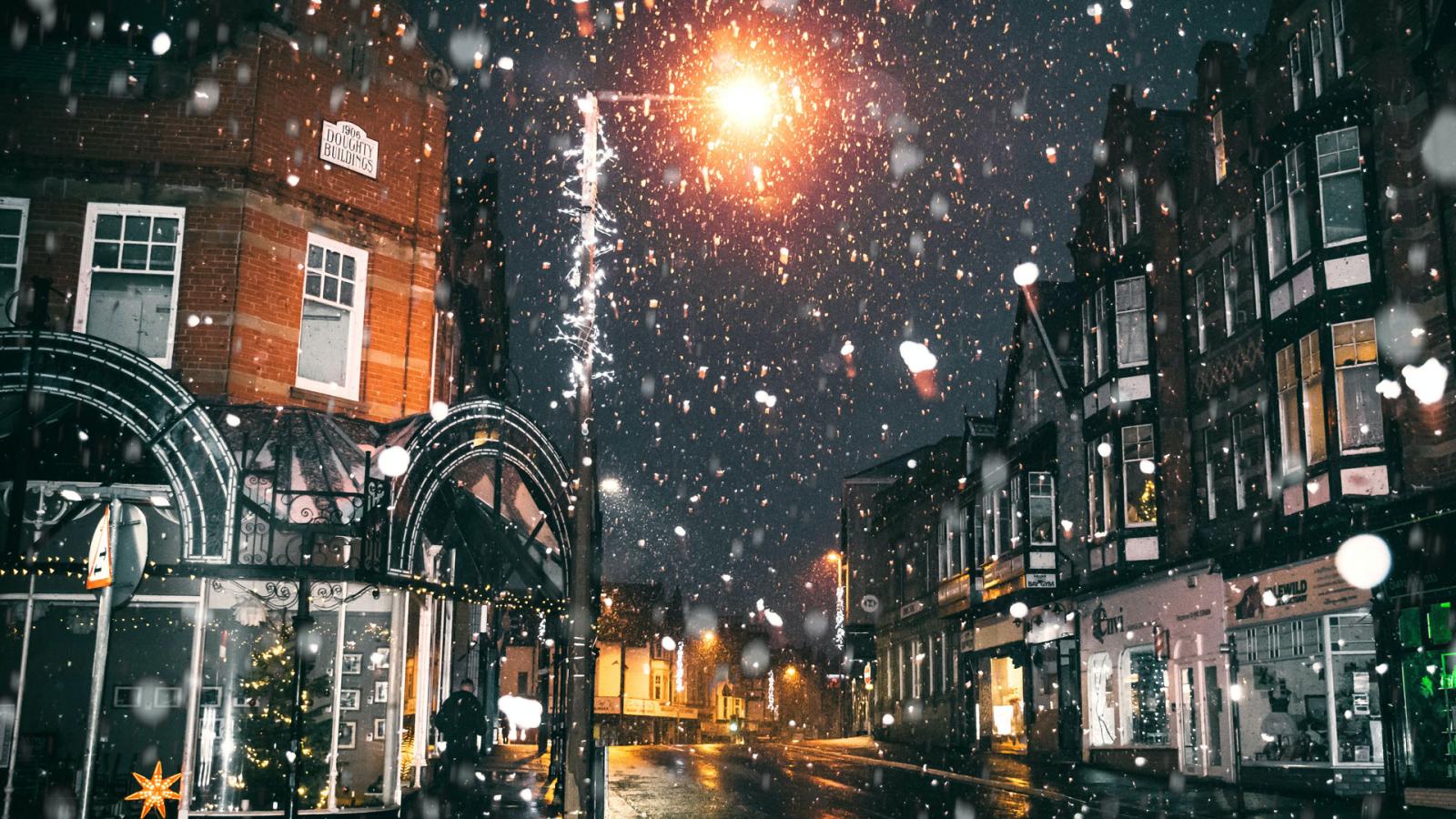 Snowy street at  night