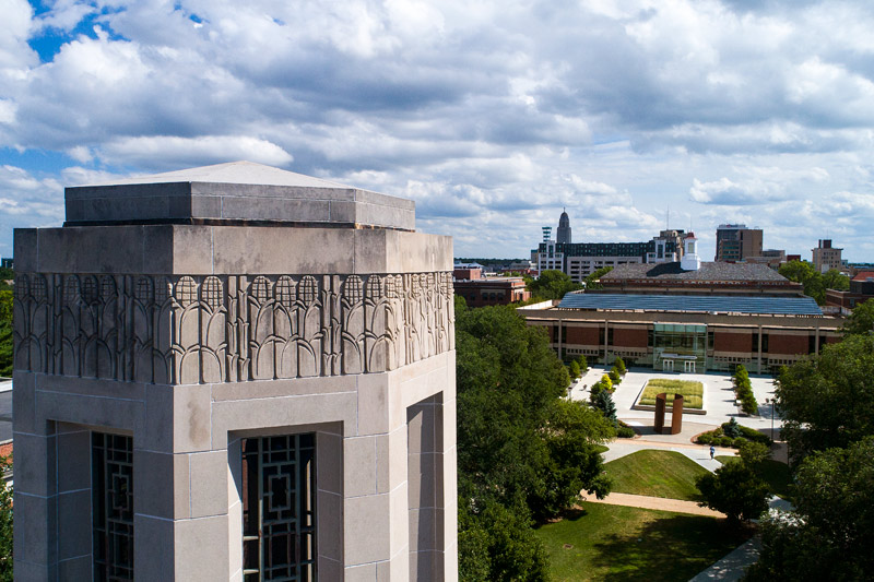 Overheard campus shot of Mueller Tower and Adele Coryell Hall Learning Commons