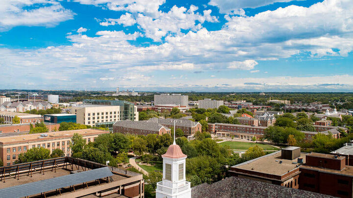 Aerial photo of campus facing northeast over Love Library cupola