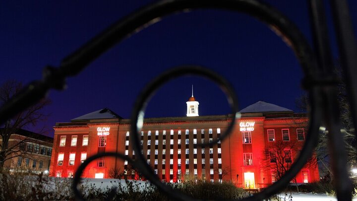 Love Library South is illuminated red Feb. 12 in honor of Glow Big Red — 24 Hours of Husker Giving. A record $1,022,896 was raised during this year’s event.