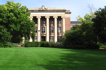 Louise Pound Hall south entrance and lawn